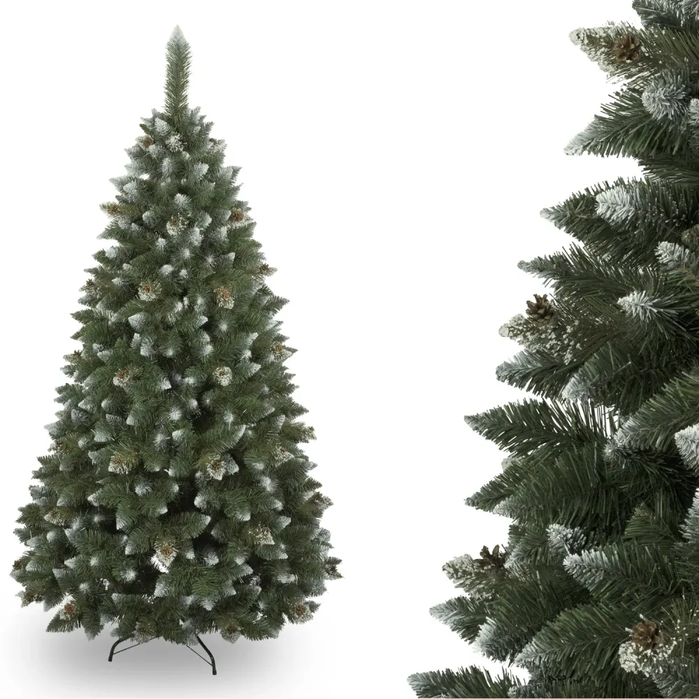 Novatom Premium PVC-kerstboom 220 cm Diamond Pine-kerstboom Inclusief metalen standaard Natuurlijke kegels Sneeuweffect
