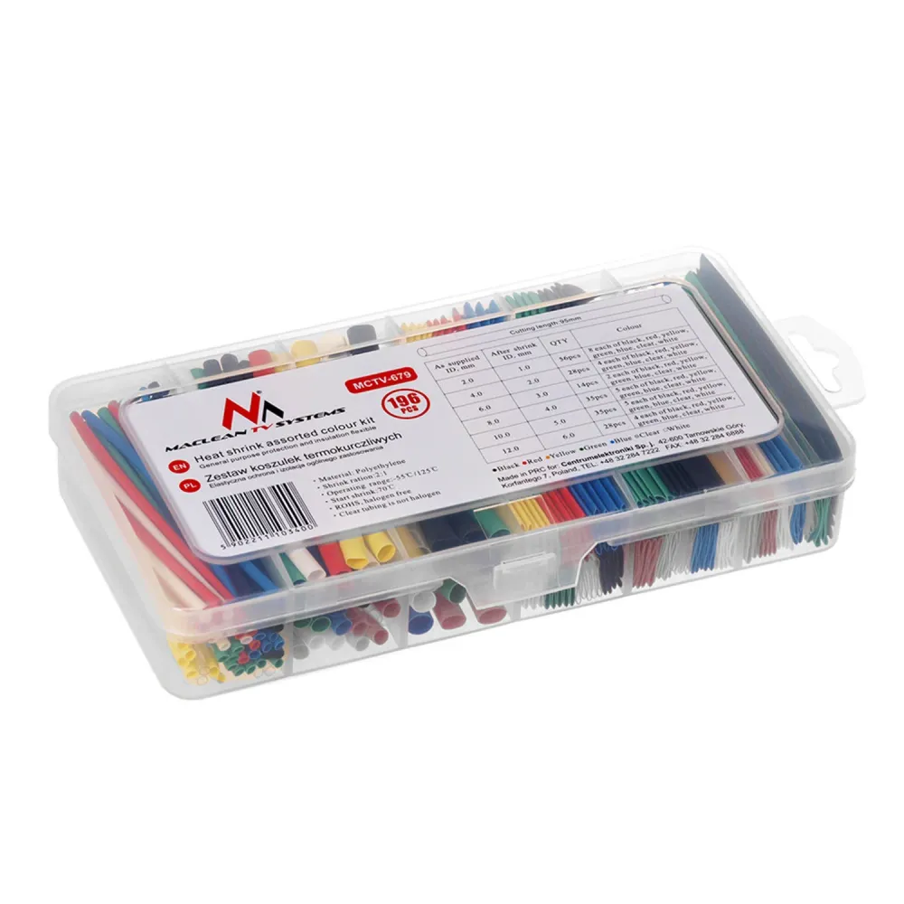 Set Maclean krimpkousen, 7 kleuren, lengte 95 mm, breedte 2 mm, 4 mm, 6 mm, 8 mm, 10 mm, 12 mm, 196 stuks, MCTV-679