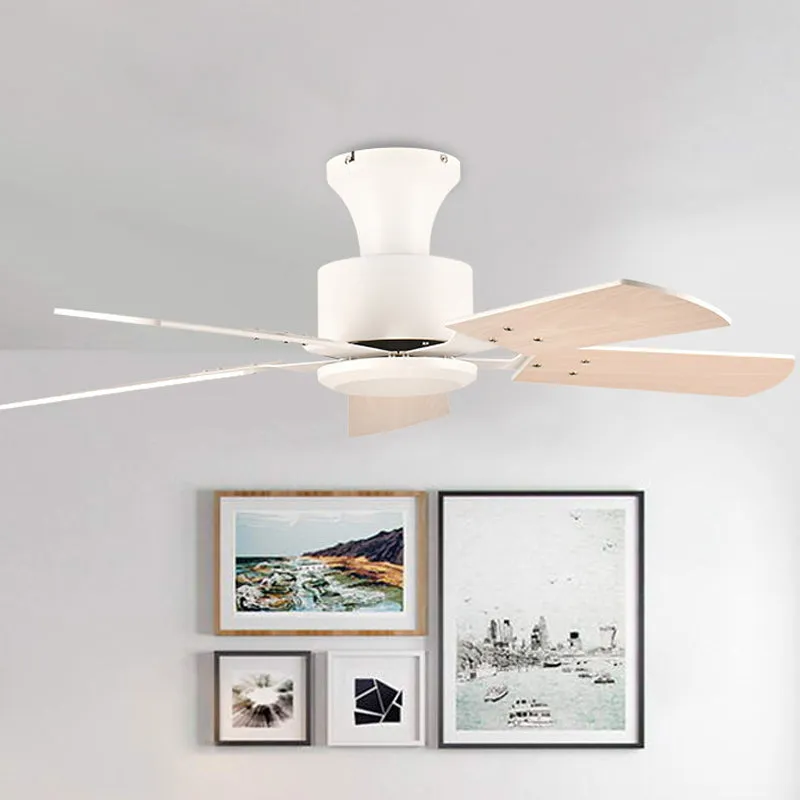 Cirkel eetkamer ventilator licht eenvoudig metaal LED wit semi-inbouwmontage met 5 houten bladen, 32"/36" uitgebreid