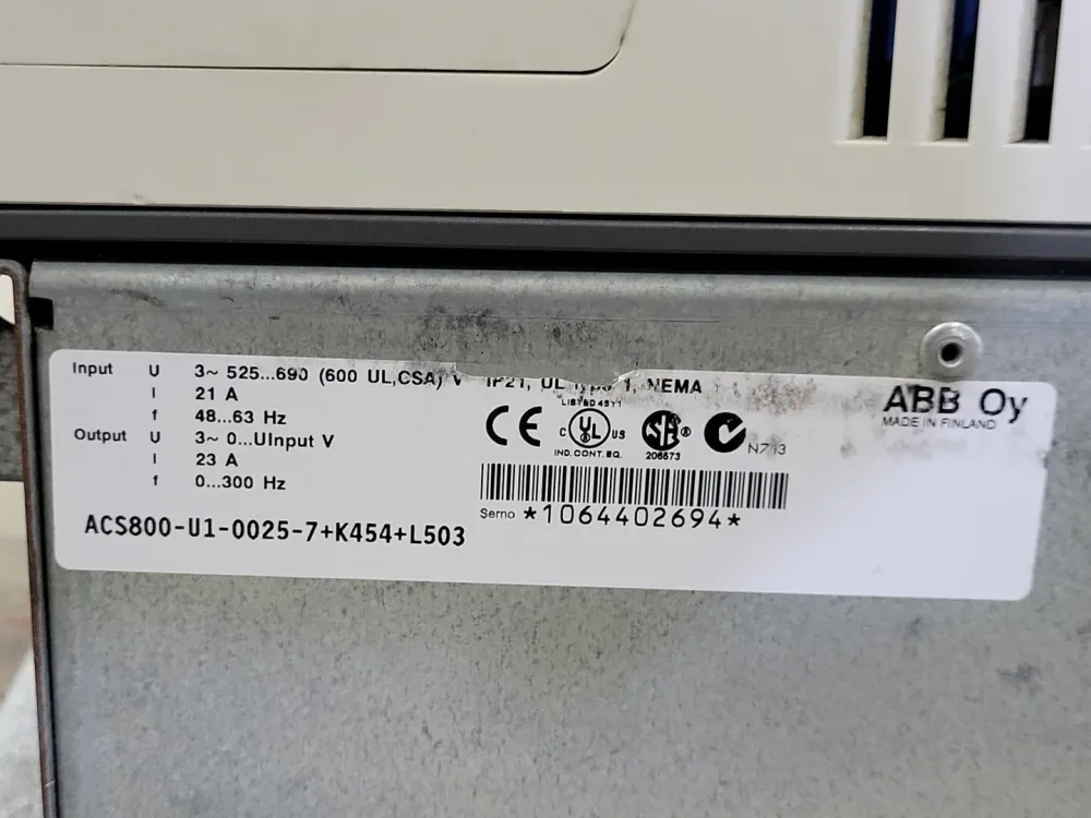 20 hp Variable Frequency Drive (VFD) ACS800-U1-0025-7+K454+L503