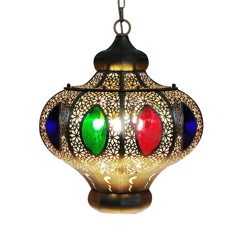 4 Heads Pendant Lighting Mediterranean Restaurant Ceiling Chandelier Crown White/Red Glass Shade Messing Red