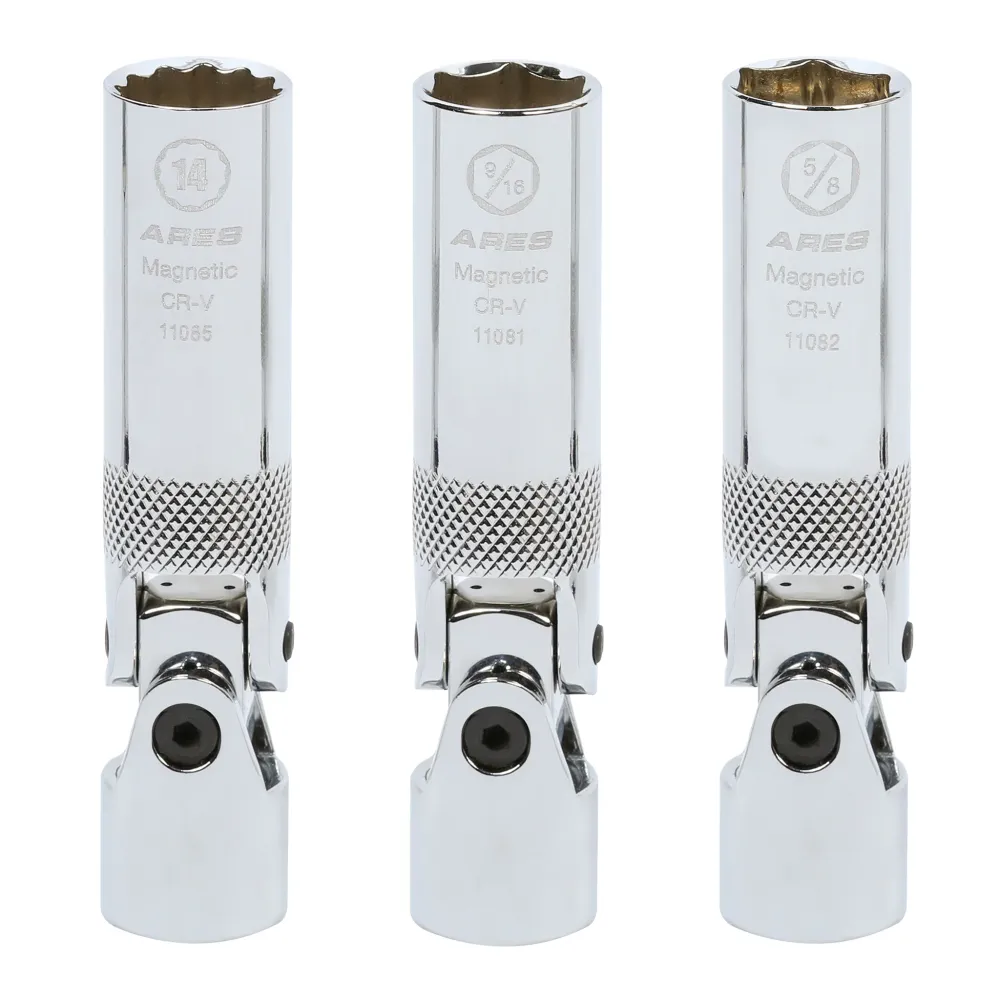 ARES 11080 - 3-Piece Spring Loaded Universeel Joint Magnetic Spark Plug Socket Set