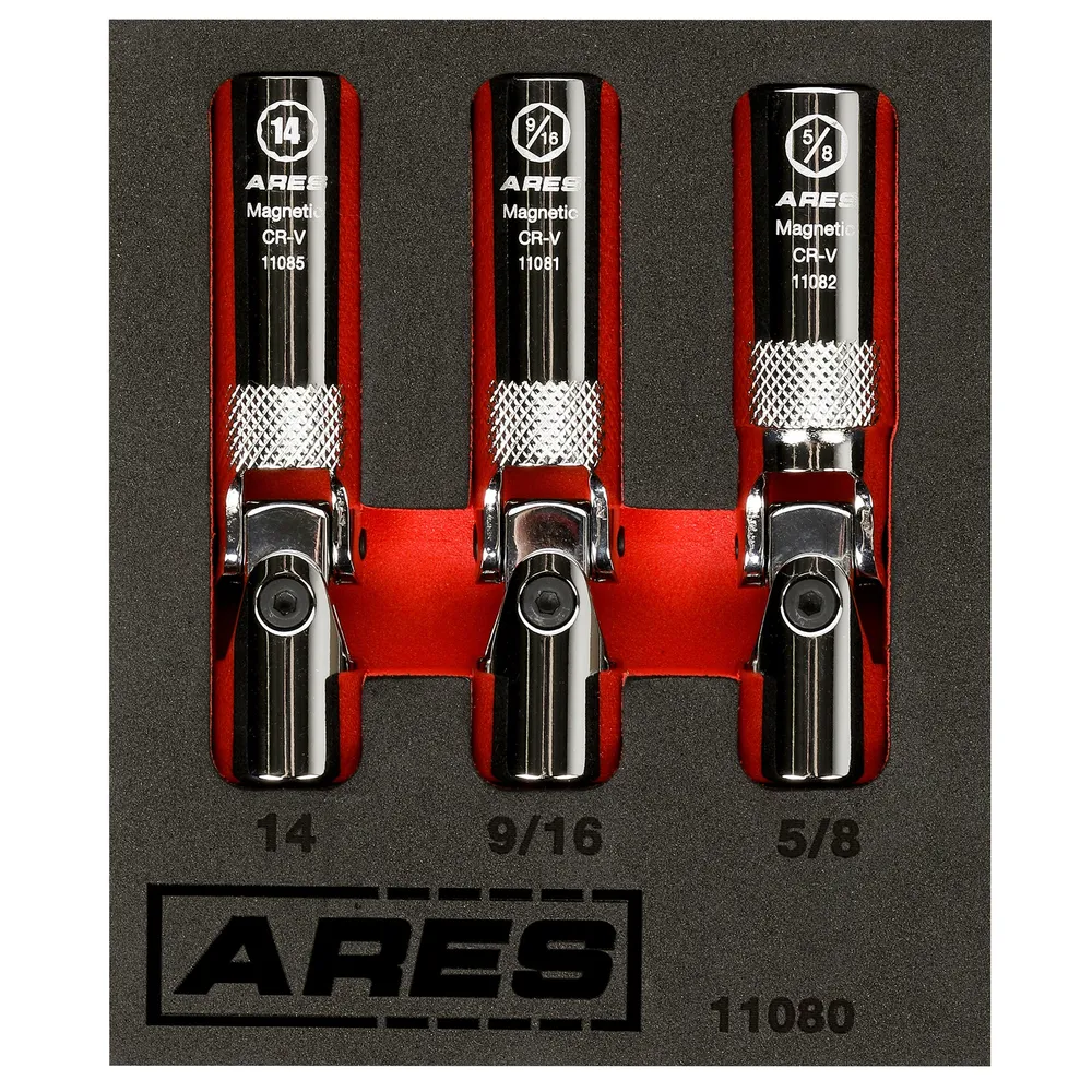 ARES 11080 - 3-Piece Spring Loaded Universeel Joint Magnetic Spark Plug Socket Set
