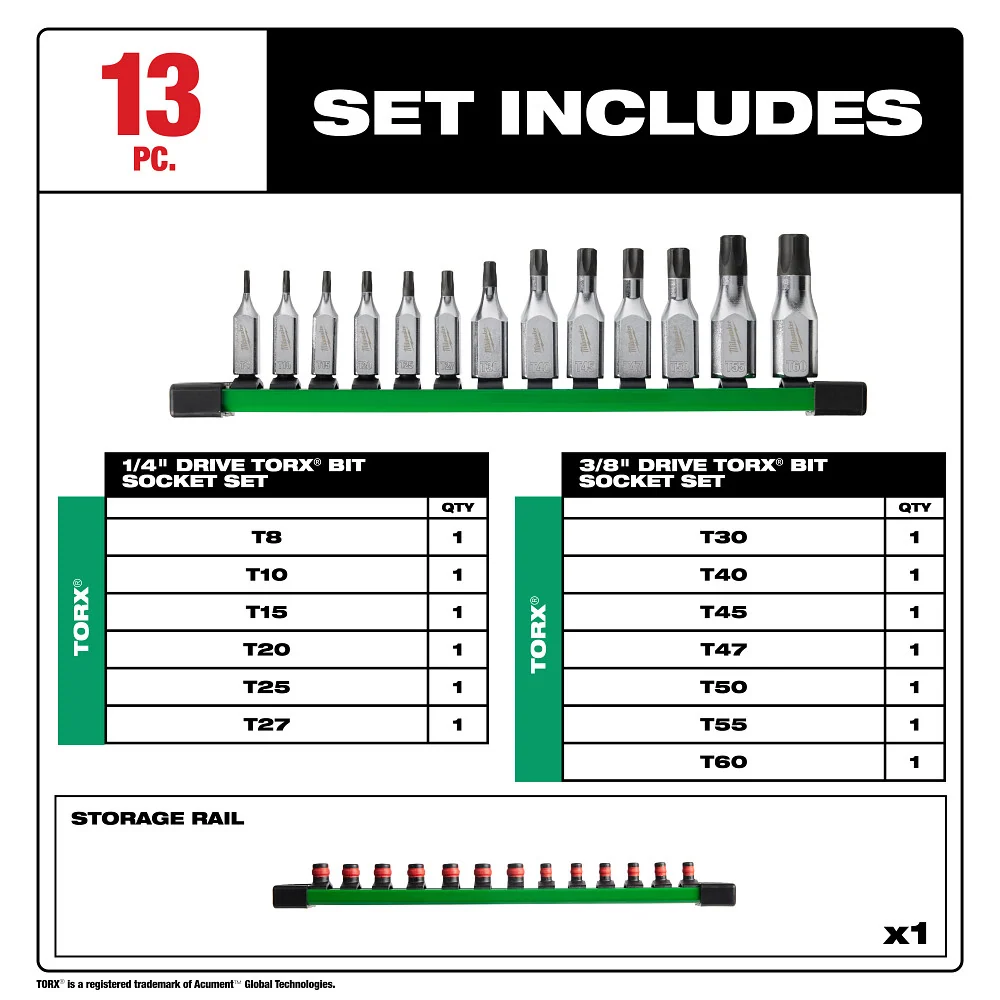 MILWAUKEE 13 PC. 1/4" & 3/8" Drive TORX Bit Socket Set