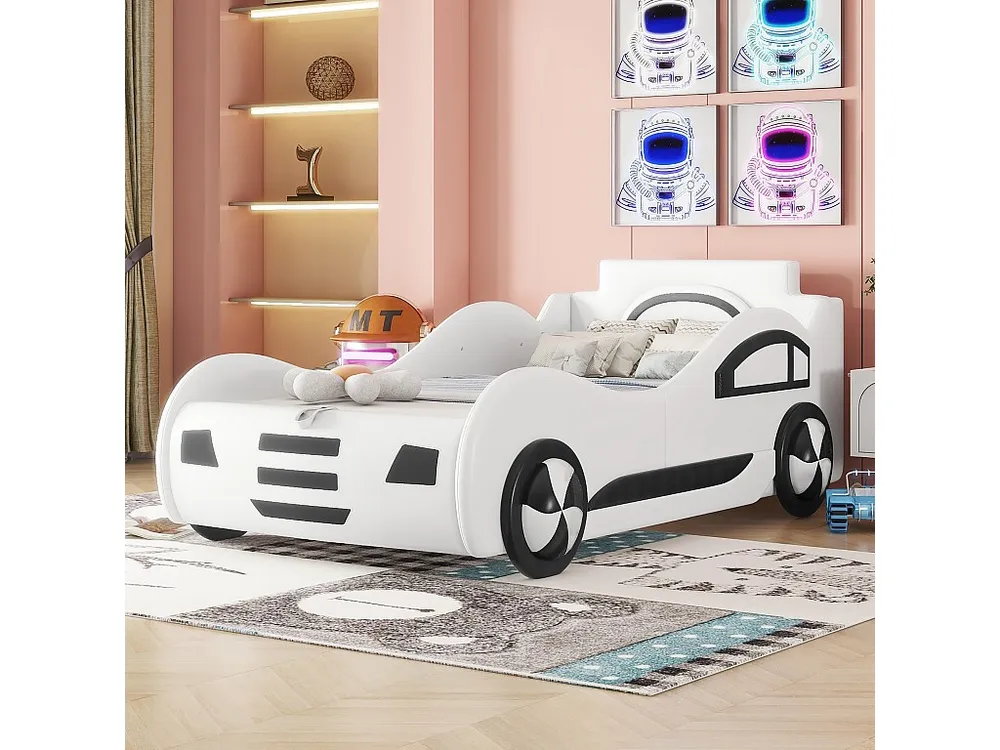 Autovormig kinderbed - 90x200cm kunstleren opbergbed met lattenbodem - Wit
