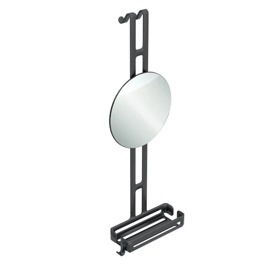 Hangende doucherekorganizer met opbergvak en verstelbare spiegel – Lineabeta Filo, zwart gelakt aluminium