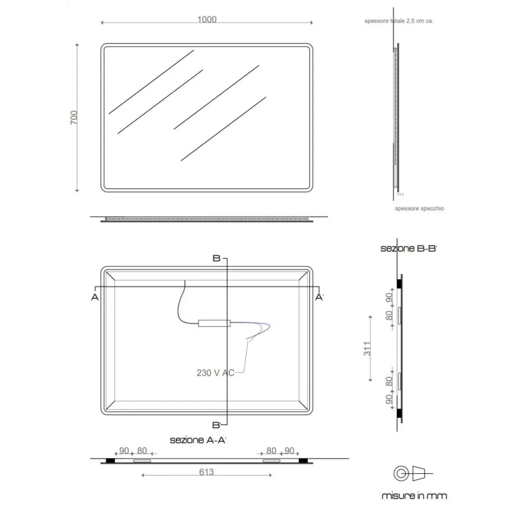 Rectangular LED frame mirror beveled corners 100x70 cm tweezijdig