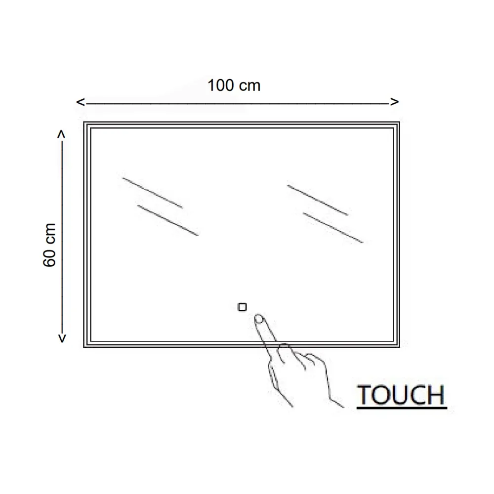 Rectangular mirror integrated LED strip at top touch activation 100x60h cm