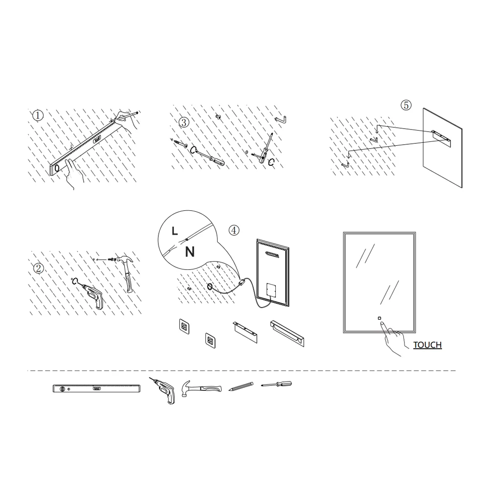 Rectangular mirror integrated LED strip at top touch activation 100x70h cm