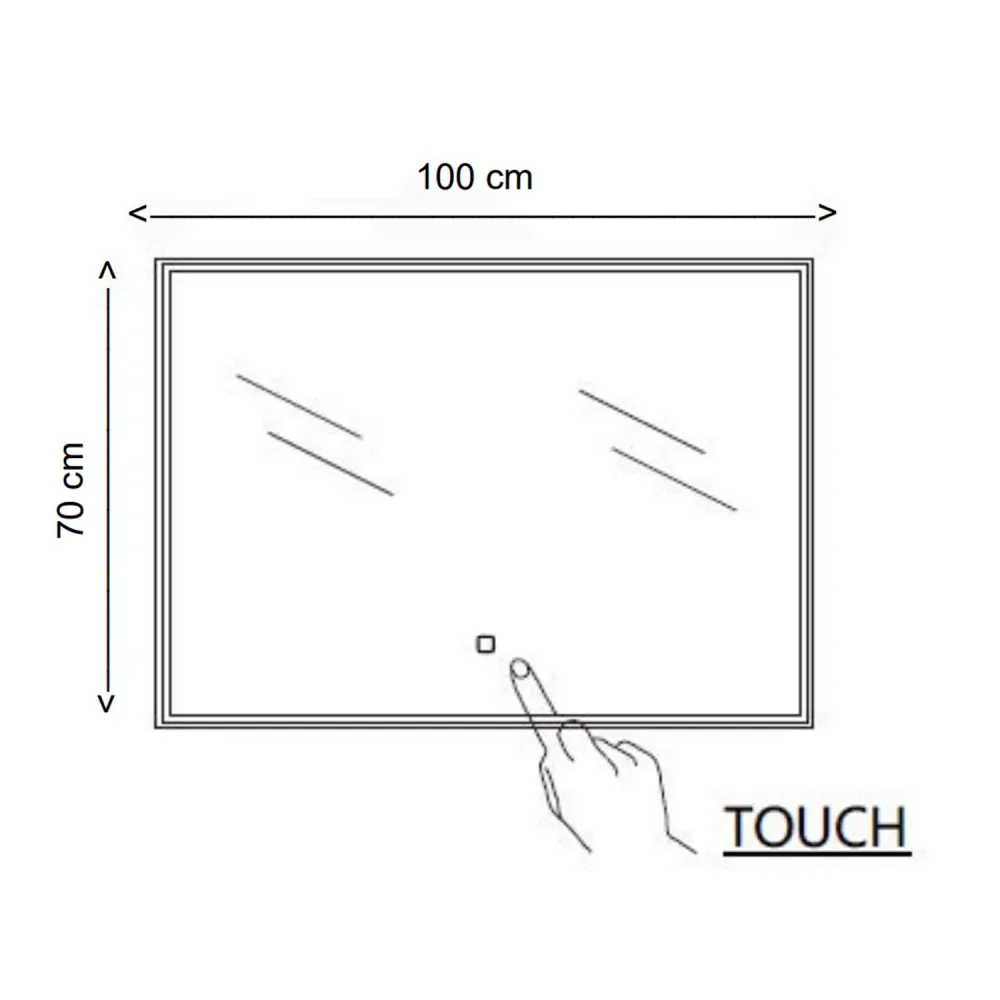 Rectangular mirror integrated LED strip at top touch activation 100x70h cm