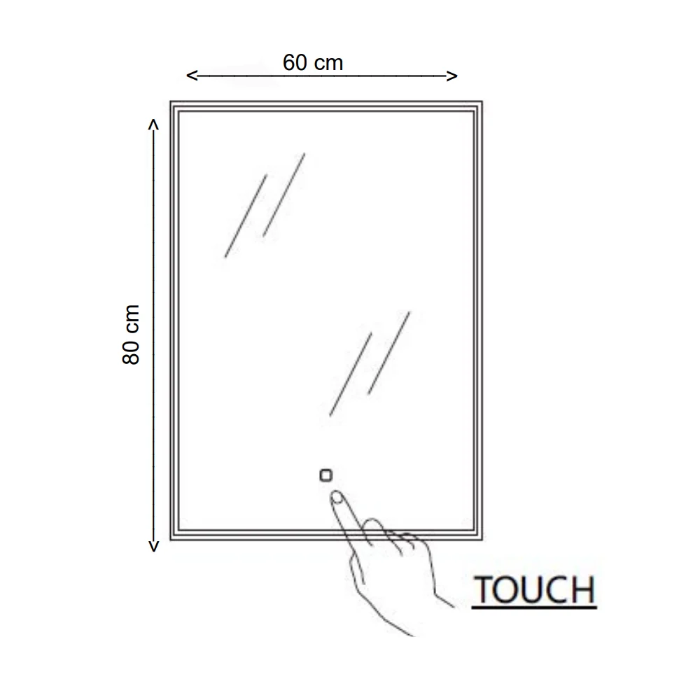 Rectangular mirror integrated LED strip touch activation 60x80h cm