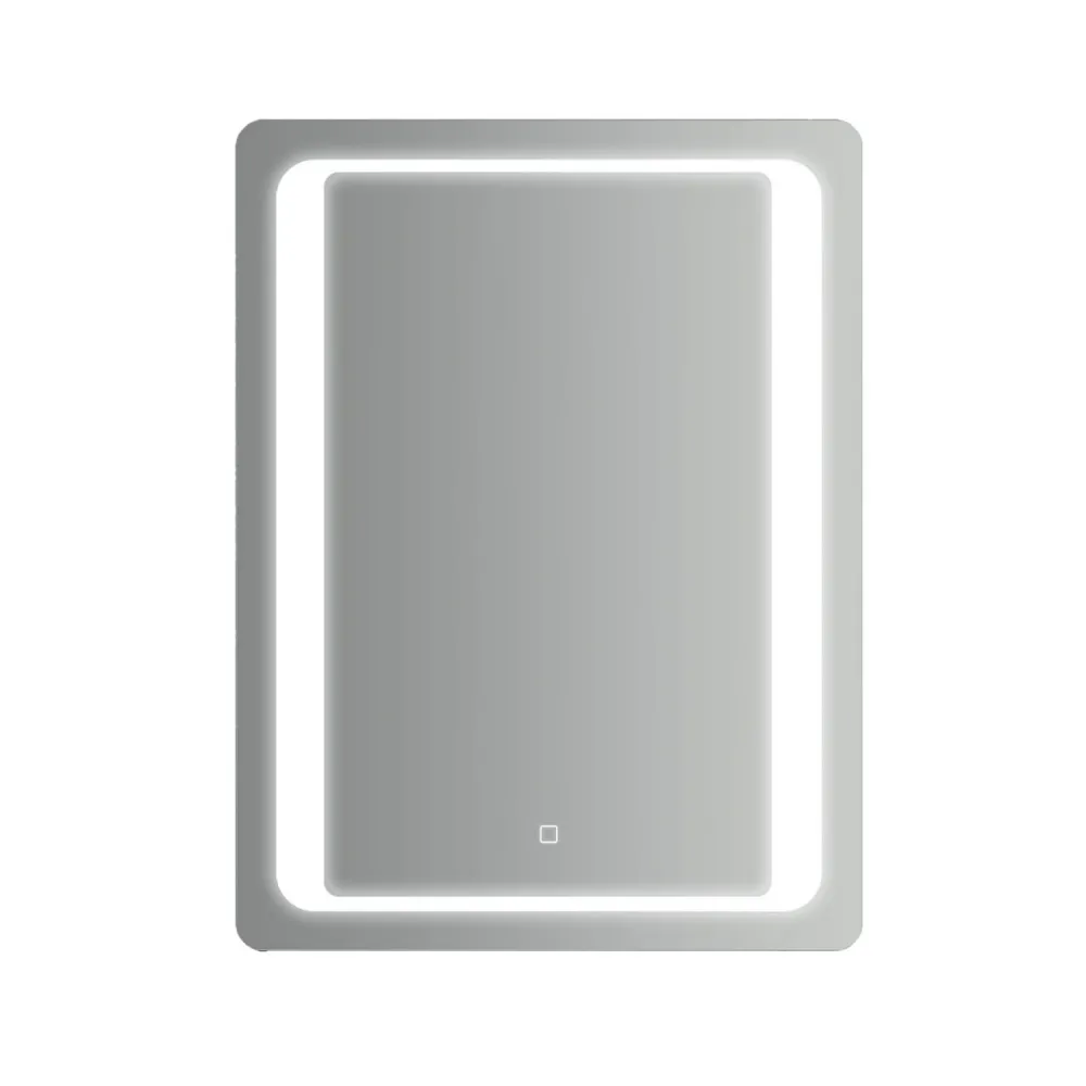 Rectangular mirror rounded corners integrated LED strip touch activation 60x80h cm