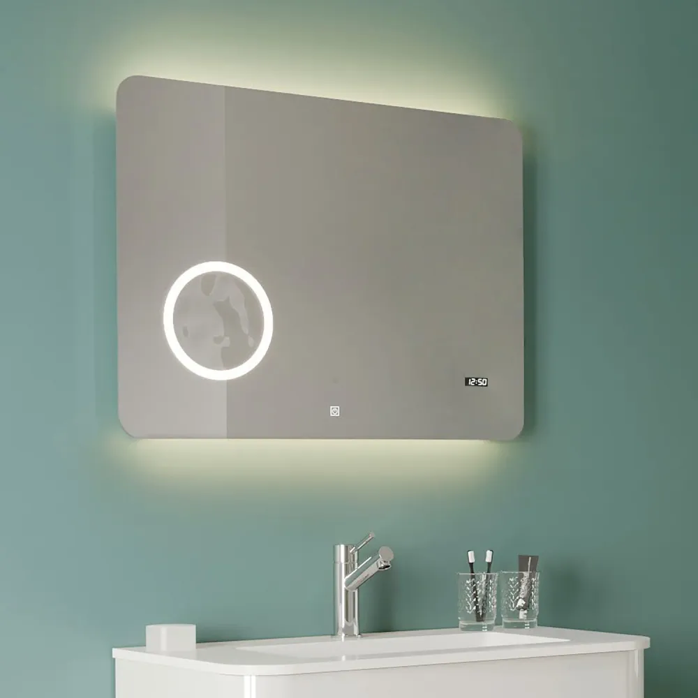 Rectangular touch mirror equipped clock, thermometer, and 80x60 cm magnification