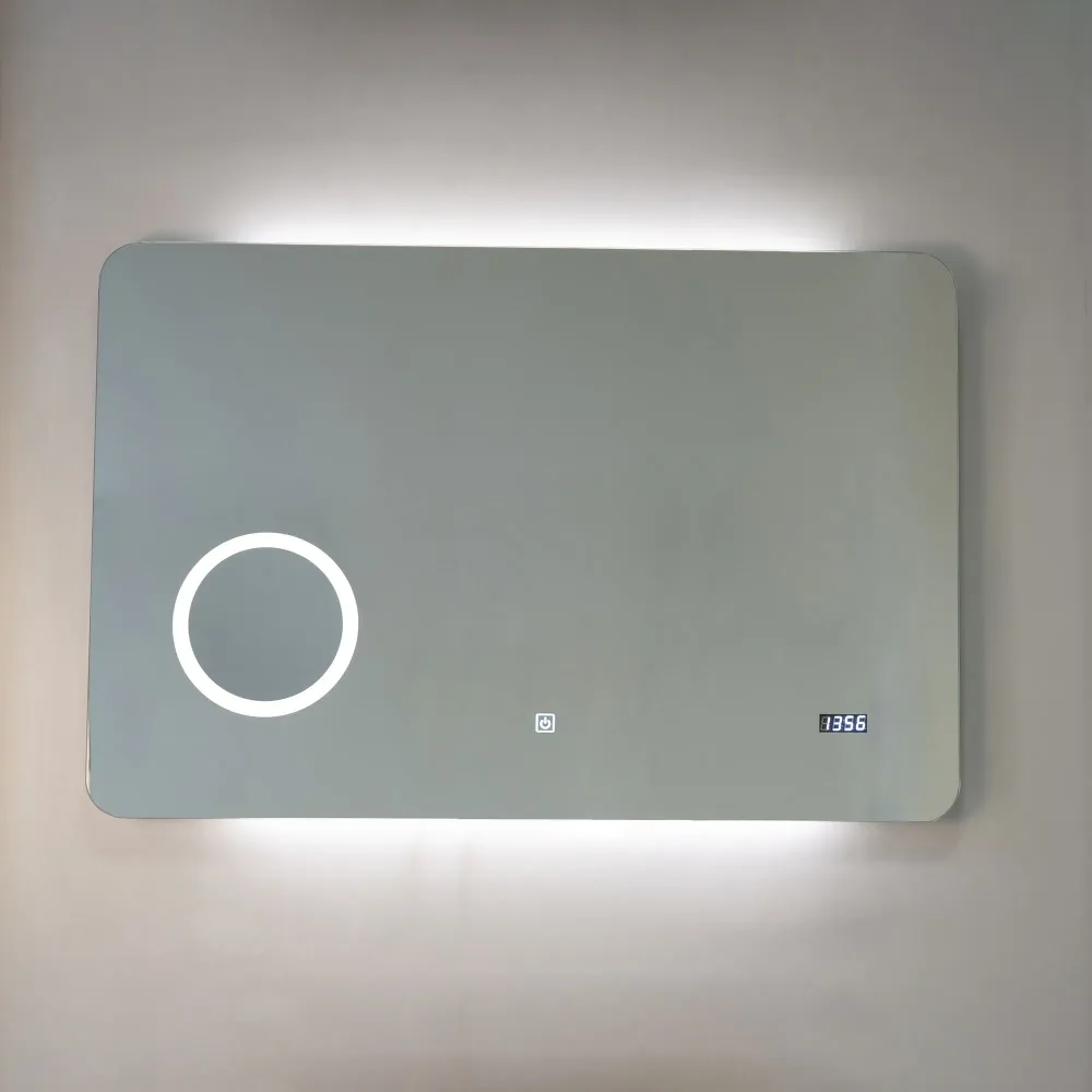 Rectangular touch mirror equipped clock, thermometer, and 80x60 cm magnification