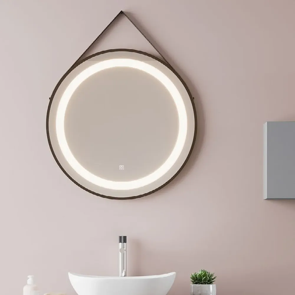 Round touch mirror eco-leather strap and integrated LED light Cubi&Co diameter 60 cm