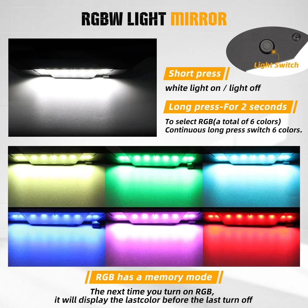 12" UTV Rear View Center Mirror RGBW Dome Light 1.5-2" Roll Bar