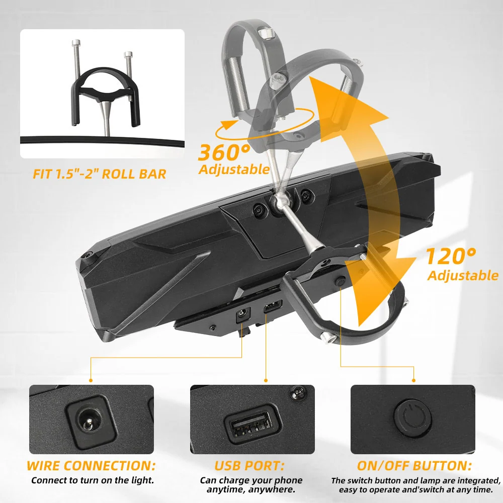 12" UTV Rear View Center Mirror RGBW Dome Light 1.5-2" Roll Bar