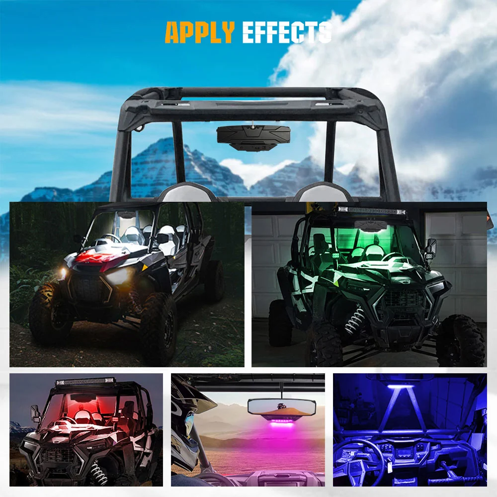 12" UTV Rear View Center Mirror RGBW Dome Light 1.5-2" Roll Bar