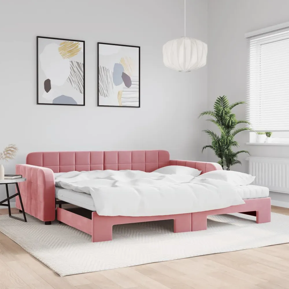 Camper Gordijnrail Slaapbank onderschuifbed en matrassen 100x200 cm fluweel roze