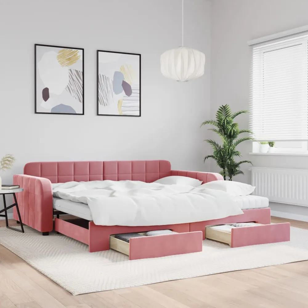 Camper Traploper Slaapbank met onderschuifbed en lades 100x200 cm fluweel roze