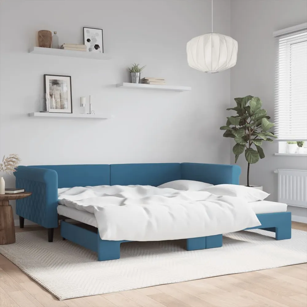 Caravan Ledverlichting Slaapbank met onderschuifbed 100x200 cm fluweel blauw