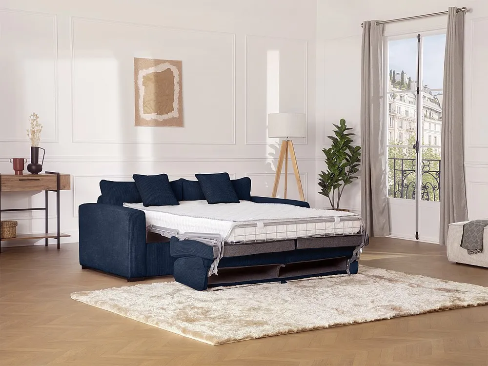 Caravan Matras Express-slaapbank van blauw ribfluweel, bed met latten 140 cm, dikte 18 cm MONDOVI