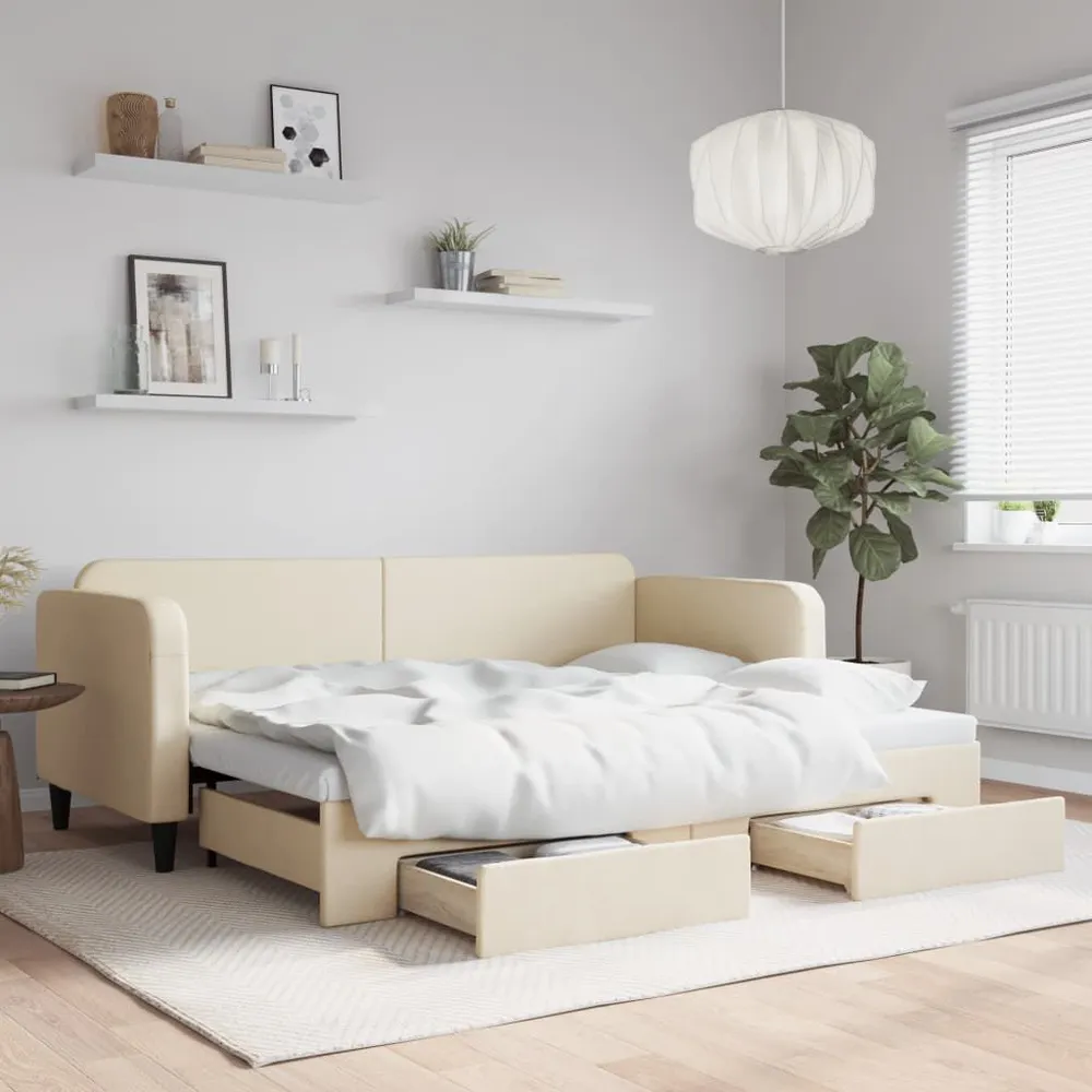Caravan Matras Slaapbank met onderschuifbed en lades 80x200 cm stof crèmekleur