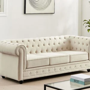 Caravan Zitbank 3-zitsbank van natuurtint stof, legendarische vorm CHESTERFIELD