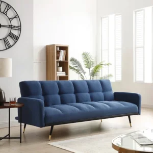 Driezitsslaapbank van blauwe stof met vintage-charme ROREMA - Universeel Pasmodel