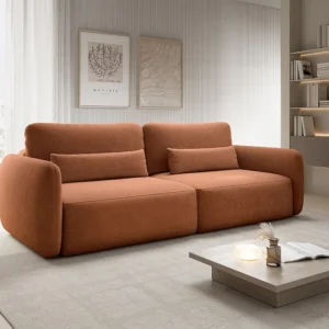 Driezitsslaapbank van terracottakleurige stof met textuur VOPOZA met CE-Keurmerk