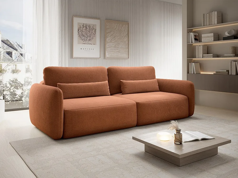 Driezitsslaapbank van terracottakleurige stof met textuur VOPOZA met CE-Keurmerk