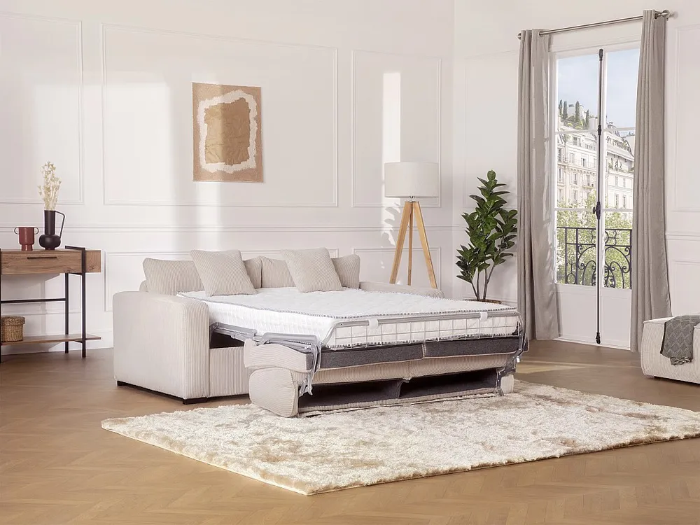 Express-slaapbank van lichtbruin ribfluweel, bed met latten 140 cm, dikte 18cm MONDOVI met Verstelbaar Mechanisme