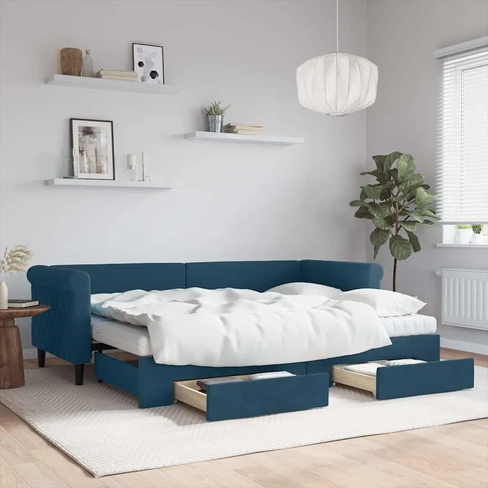 Heavy Duty Slaapbank met onderschuifbed en lades 80x200 cm fluweel blauw