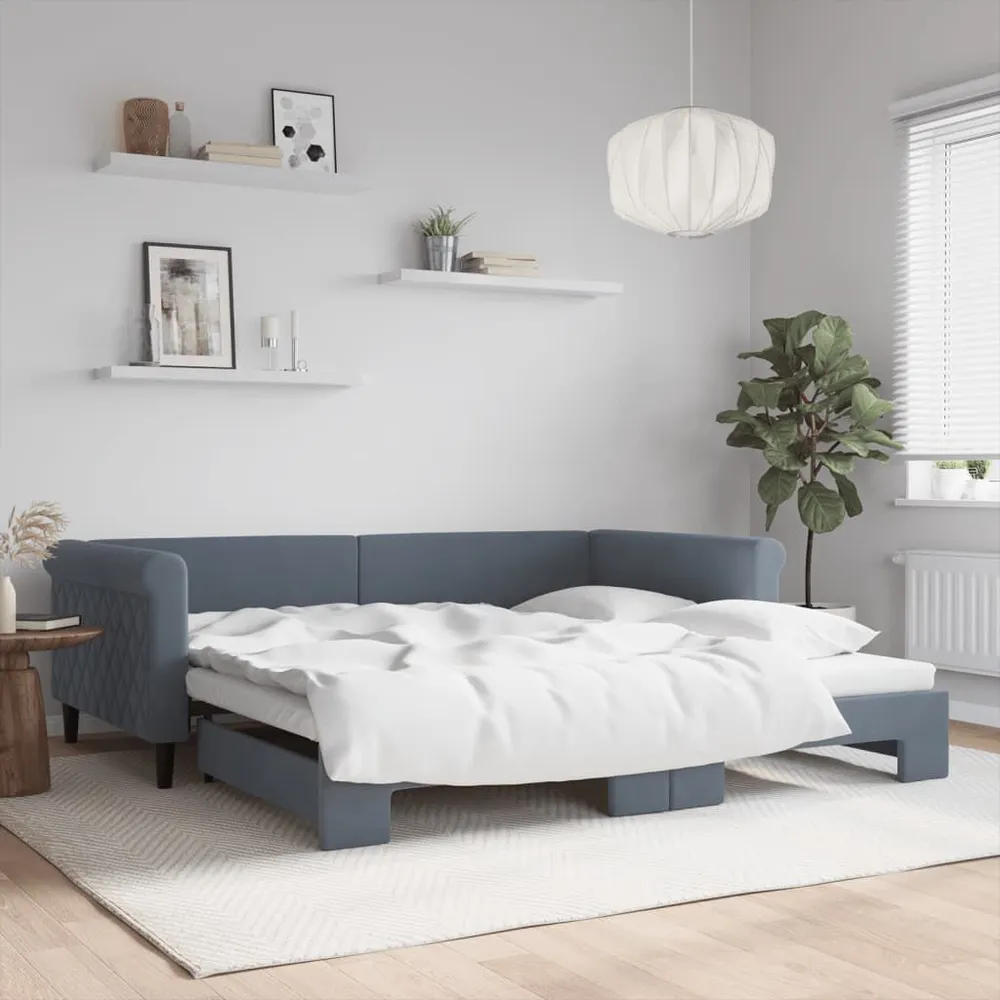 Slaapbank met onderschuifbed 100x200 cm fluweel donkergrijs Complete Set Gordijnen