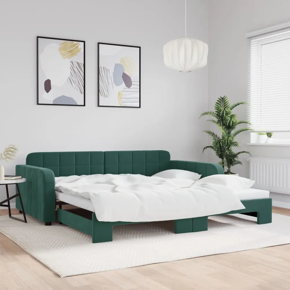 Slaapbank met onderschuifbed 100x200 cm fluweel donkergroen met Klittenband Bevestiging