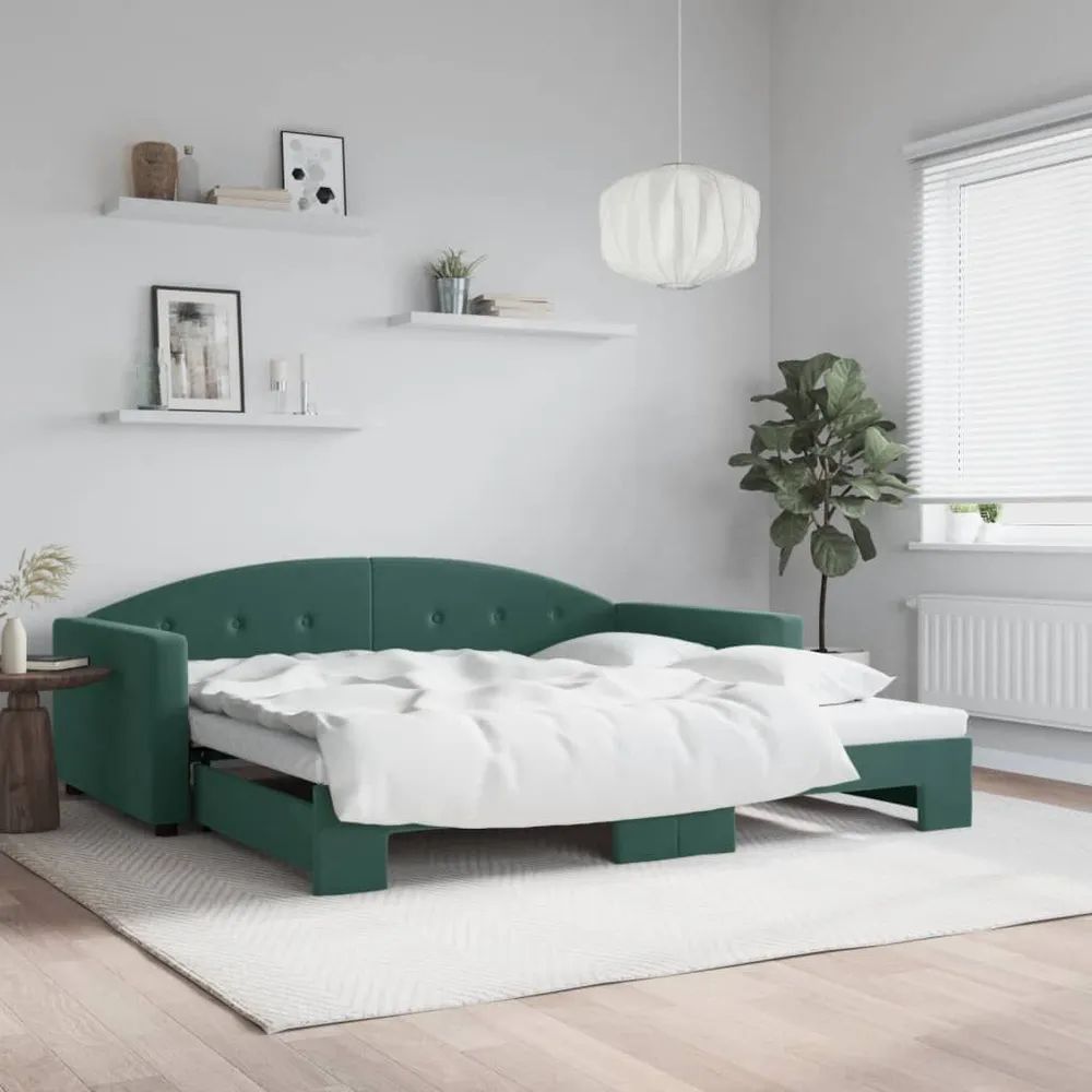 Slaapbank met onderschuifbed 100x200 cm fluweel donkergroen | Opvouwbaar | Compact