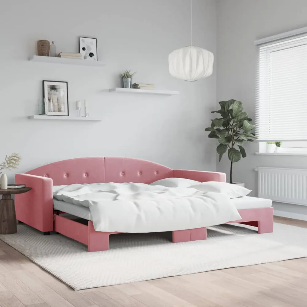 Slaapbank met onderschuifbed 100x200 cm fluweel roze met CE-Keurmerk