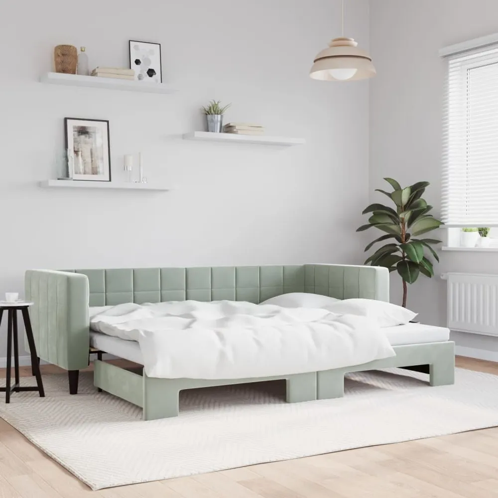 Slaapbank met onderschuifbed 80x200 cm fluweel lichtgrijs