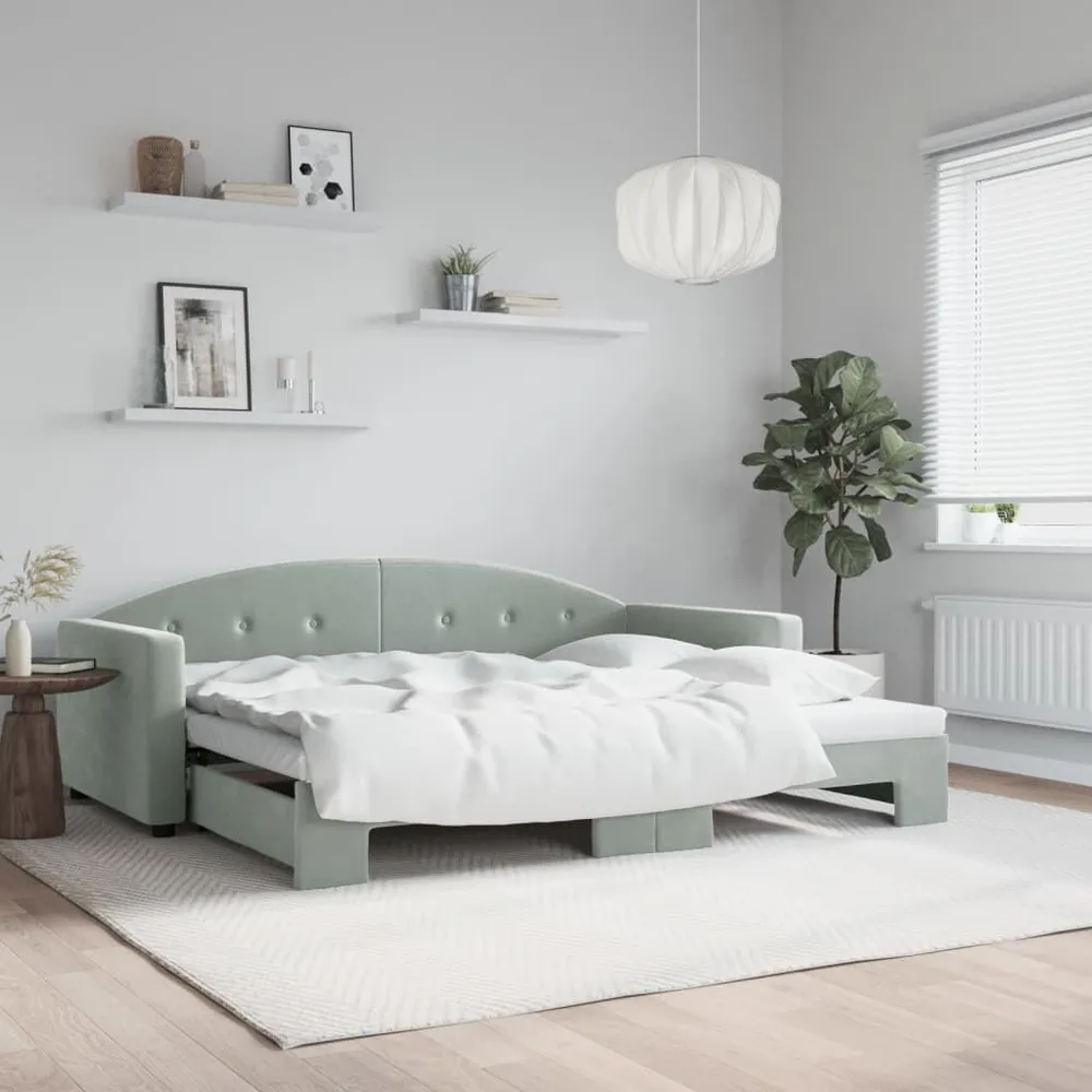 Slaapbank met onderschuifbed 90x200 cm fluweel lichtgrijs
