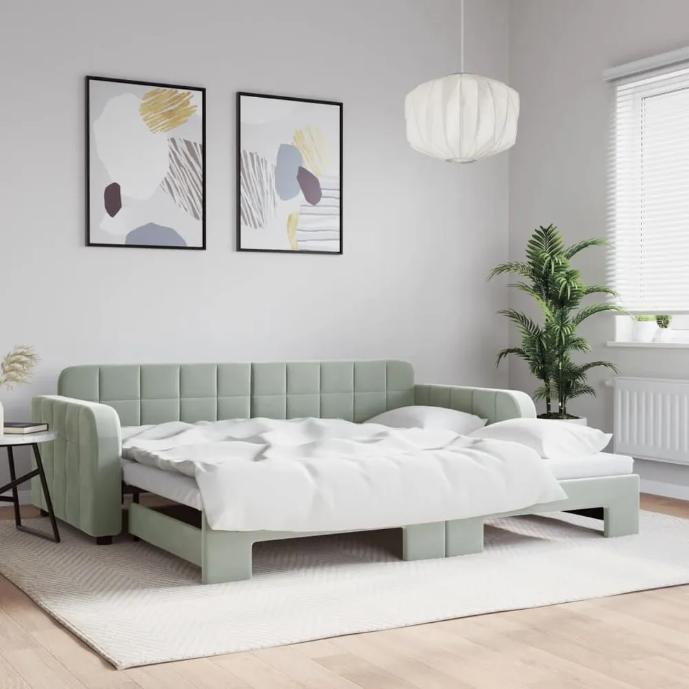 Slaapbank met onderschuifbed 90x200 cm fluweel lichtgrijs