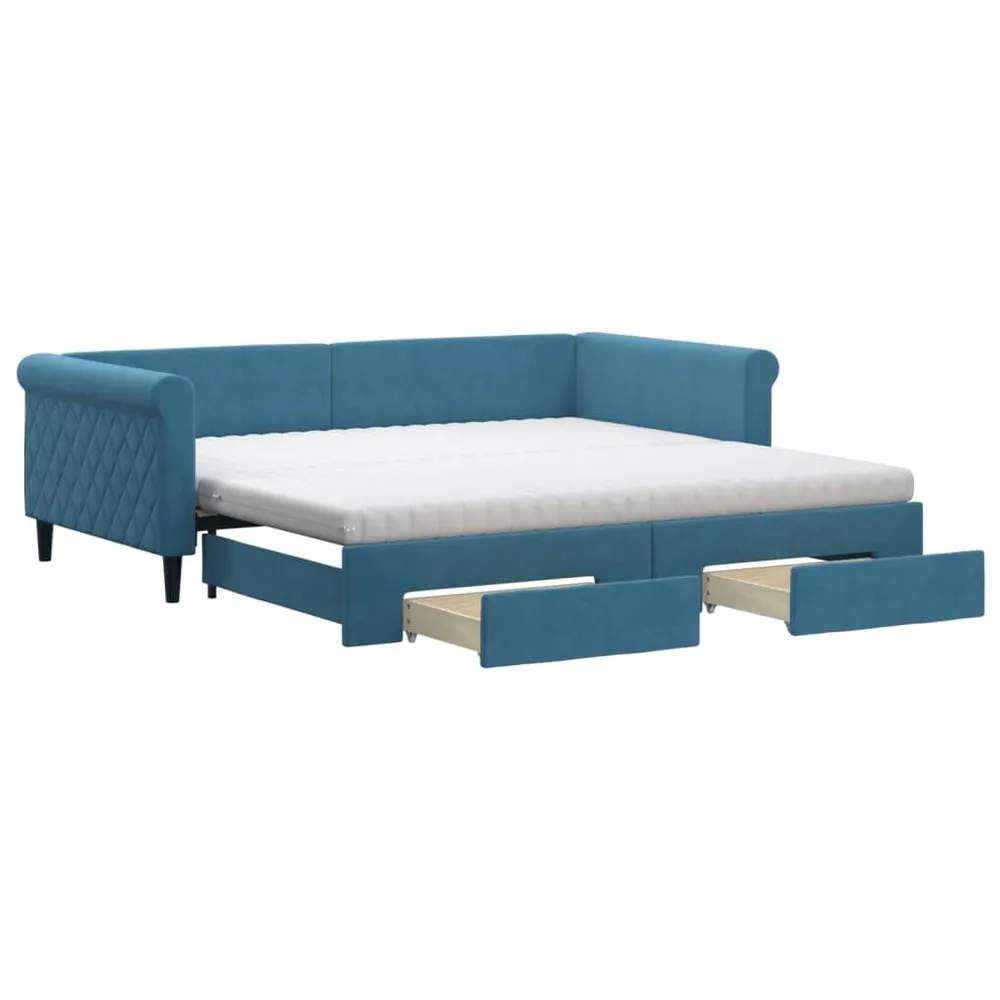 Slaapbank met onderschuifbed en lades 100x200 cm fluweel blauw | Opvouwbaar | Compact