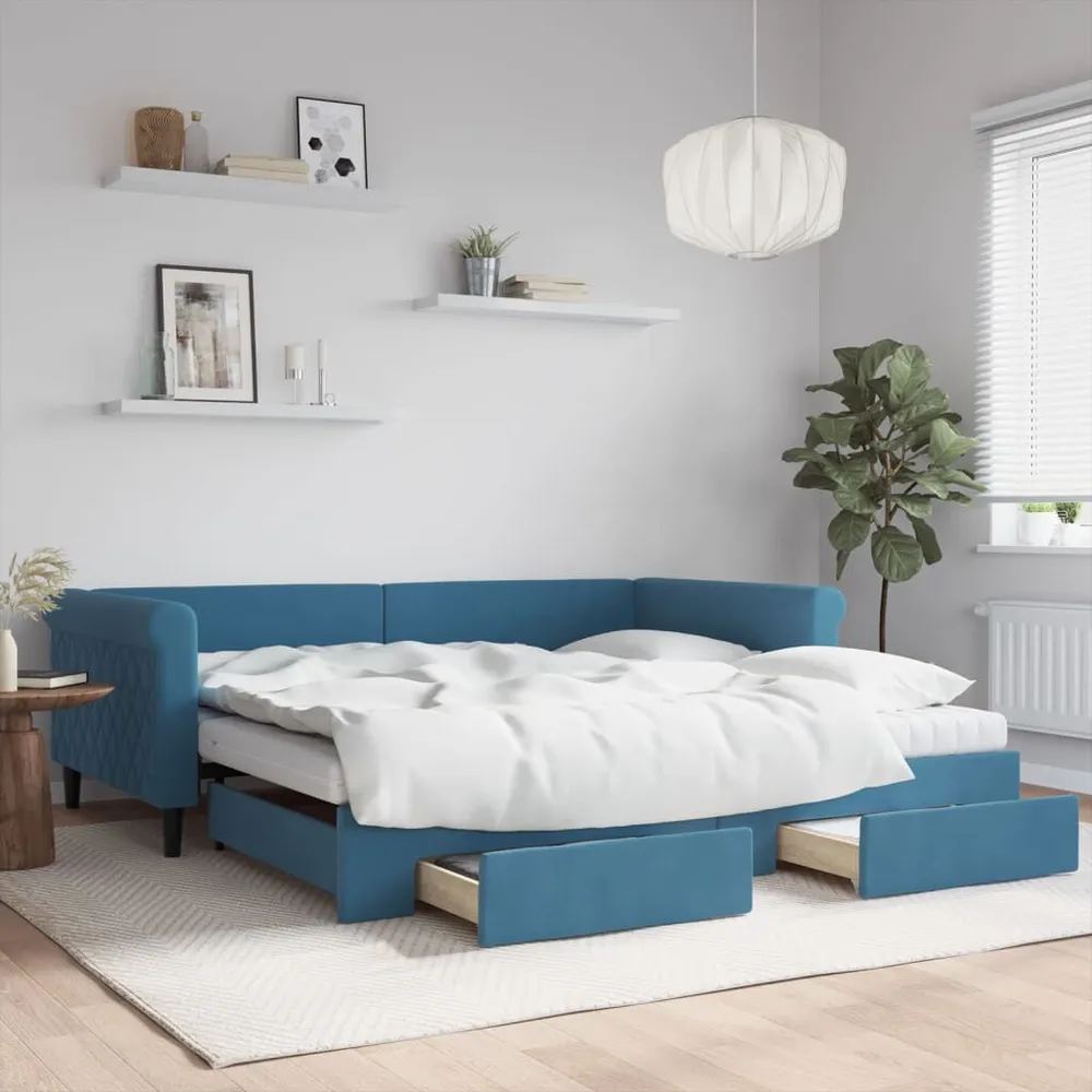 Slaapbank met onderschuifbed en lades 100x200 cm fluweel blauw | Opvouwbaar | Compact