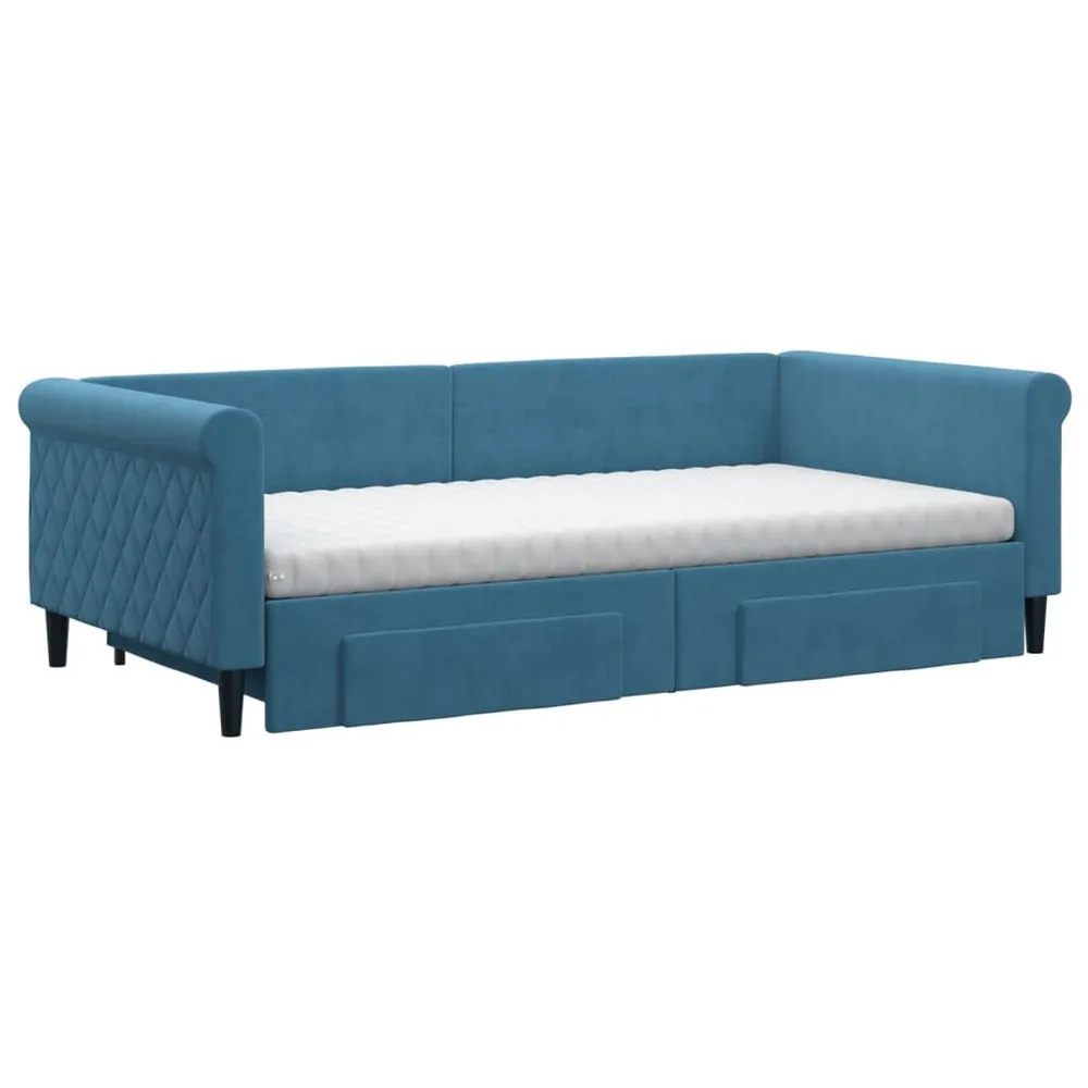 Slaapbank met onderschuifbed en lades 100x200 cm fluweel blauw | Opvouwbaar | Compact