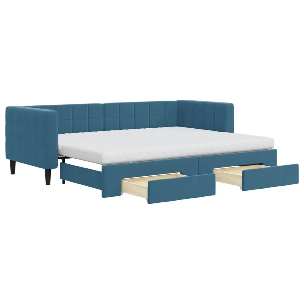 Slaapbank met onderschuifbed en lades 80x200 cm fluweel blauw Complete Set Gordijnen