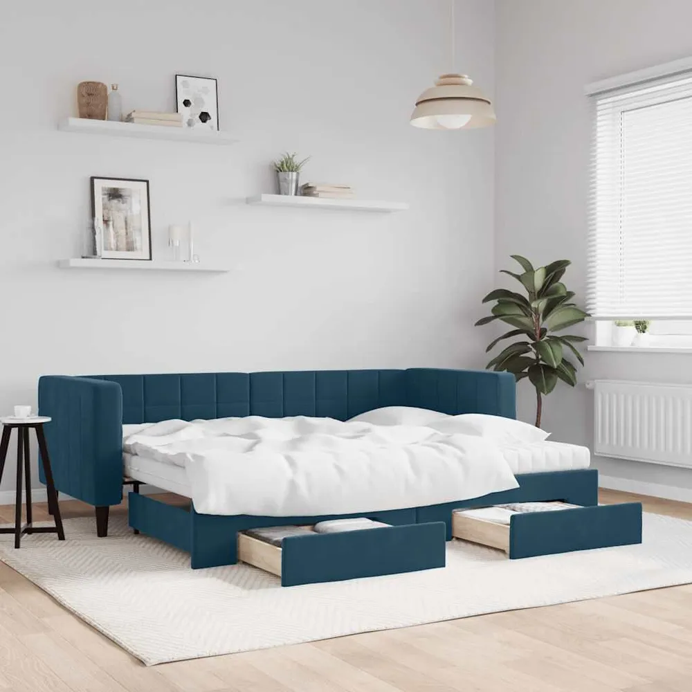 Slaapbank met onderschuifbed en lades 80x200 cm fluweel blauw Complete Set Gordijnen