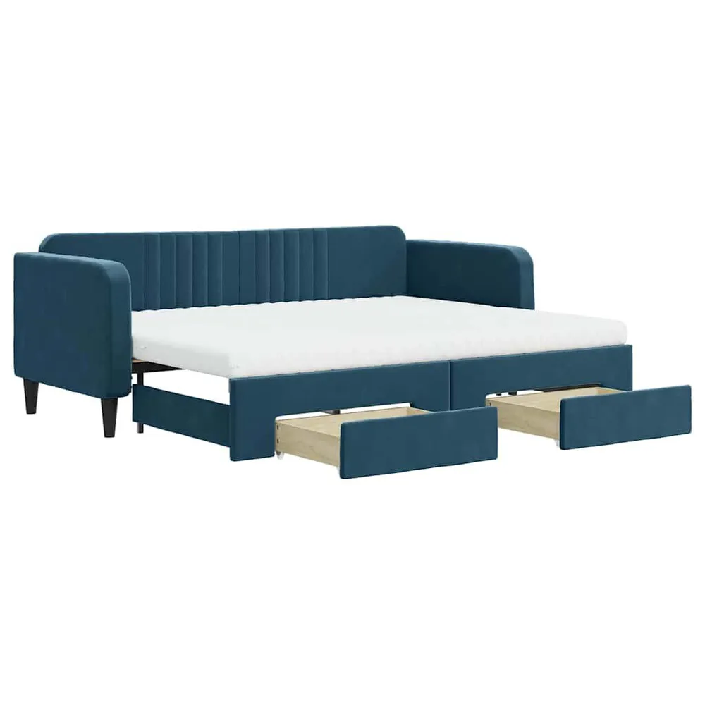 Slaapbank met onderschuifbed en lades 80x200 cm fluweel blauw van Lichtgewicht Materiaal