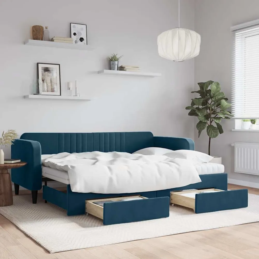 Slaapbank met onderschuifbed en lades 80x200 cm fluweel blauw van Lichtgewicht Materiaal