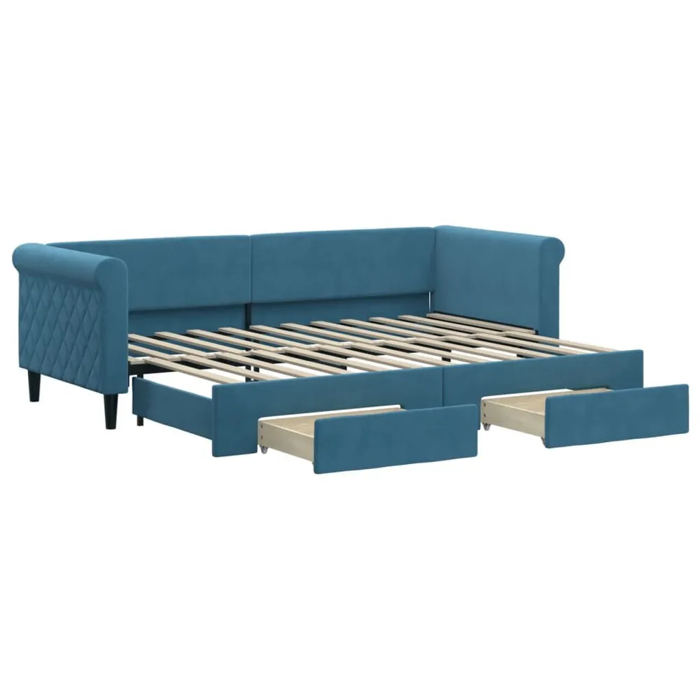 Slaapbank met onderschuifbed en lades 80x200 cm fluweel blauw 190cm Lengte