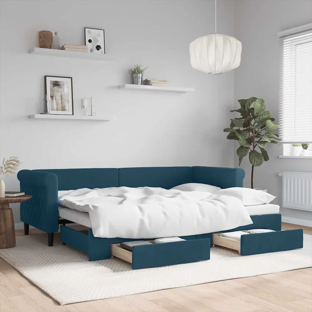 Slaapbank met onderschuifbed en lades 80x200 cm fluweel blauw 190cm Lengte