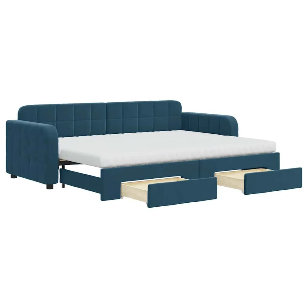 Slaapbank met onderschuifbed en lades 80x200 cm fluweel blauw 190cm Lengte
